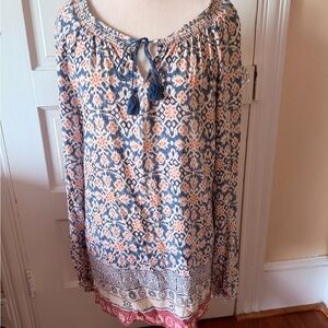 Beach lunch lounge boho Tassel Peasant Top in Blue and Coral